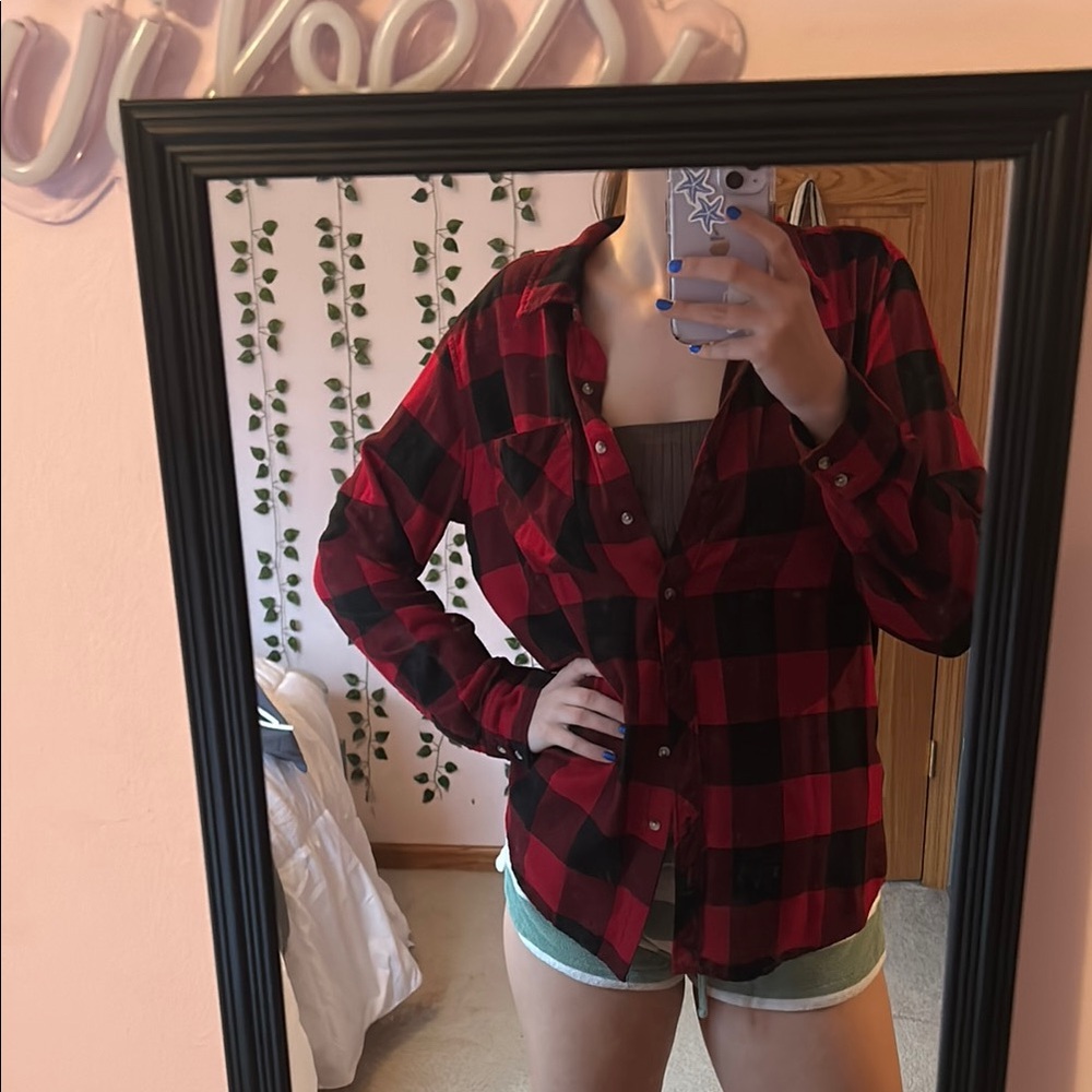 Red and Black Plaid Button-Up Shirt